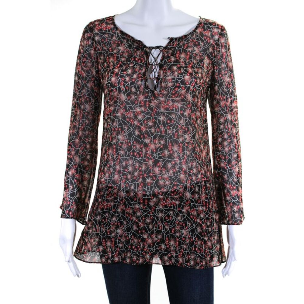 Allegra Hicks Womens Abstract Print Long Sleeves Blouse Black Red Size 6